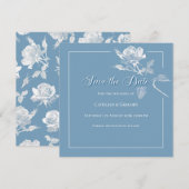 Moderne Witte Rozen Stofblauwe Bloemige Bruiloft Save The Date (Voorkant / Achterkant)