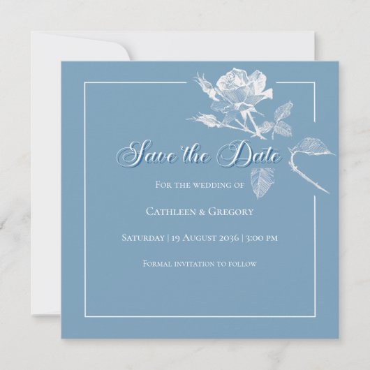 Moderne Witte Rozen Stofblauwe Bloemige Bruiloft Save The Date (Voorkant)