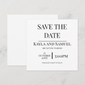 Moderne witte Save The Date kaart met zwarte tekst (Voorkant / Achterkant)