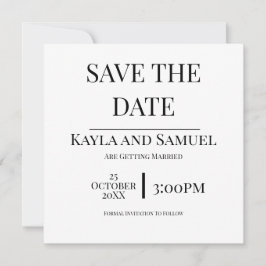 Moderne witte Save The Date kaart met zwarte tekst