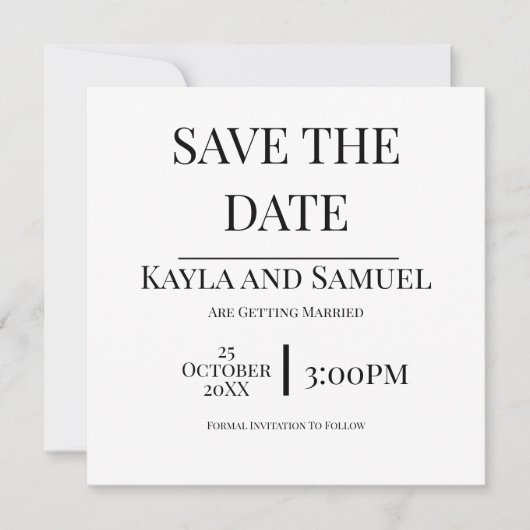 Moderne witte Save The Date kaart met zwarte tekst (Voorkant)