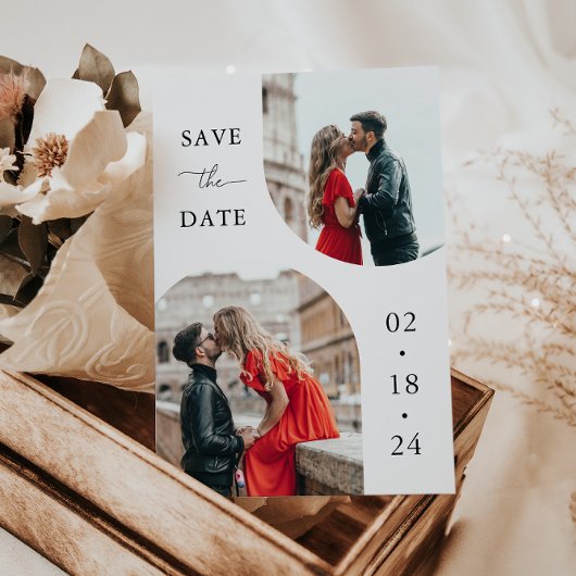 Moderne witte script 2 foto trouw save the date