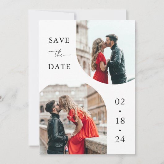 Moderne witte script 2 foto trouw save the date (Voorkant)