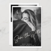 Moderne witte script foto bruiloft opslaan van de  kaart (Voorkant / Achterkant)