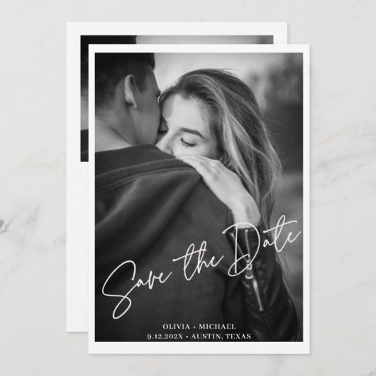 Moderne witte script foto bruiloft opslaan van de  kaart (Voorkant / Achterkant)