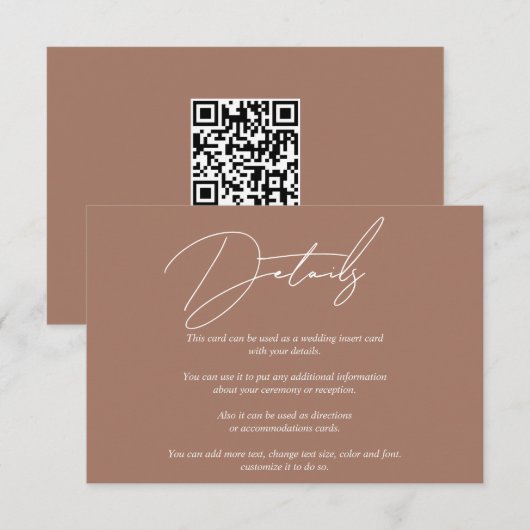 Moderne witte script kalligrafie mocha QR bruiloft Informatiekaartje (Voorkant / Achterkant)