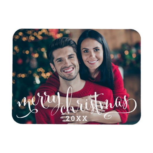 Moderne witte script Kerstmis foto Magneet (Horizontaal)