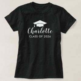 Moderne witte script naam grad cap 2026 t-shirt