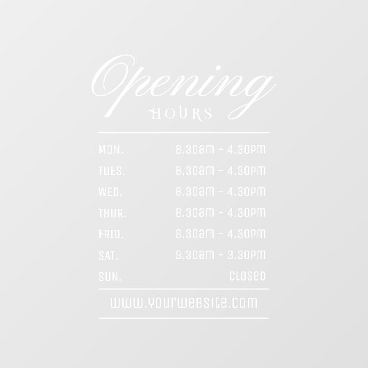 Moderne witte script openingstijden raamsticker (Vel)