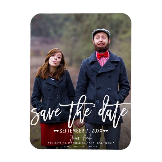 Moderne witte script save the date trouwfoto magneet (Verticaal)
