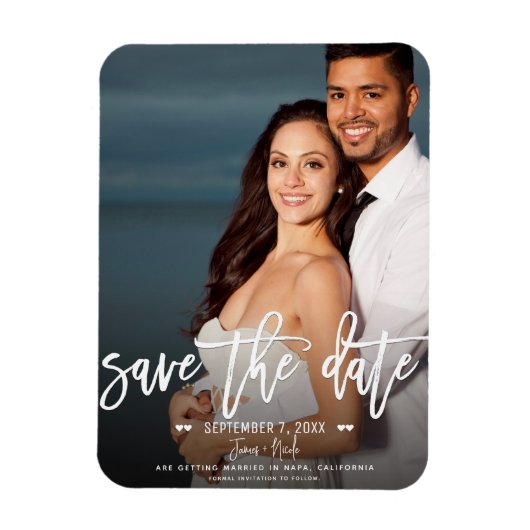 Moderne witte script save the date trouwfoto magneet (Verticaal)
