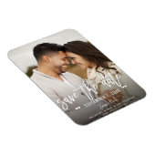 Moderne witte script save the date trouwfoto magneet (Rechterzijde)