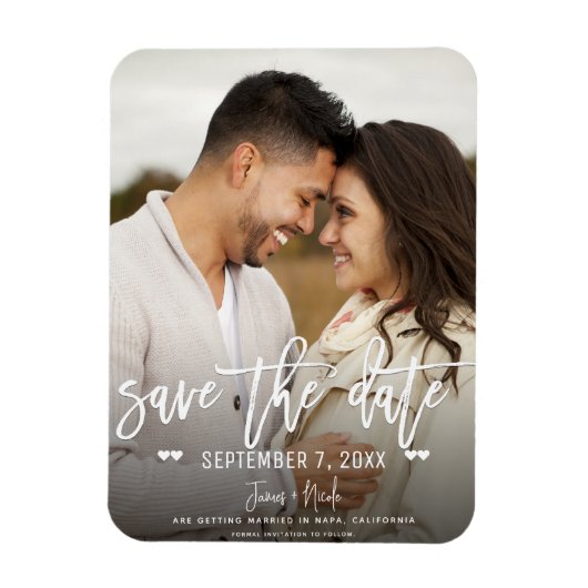 Moderne witte script save the date trouwfoto magneet (Verticaal)