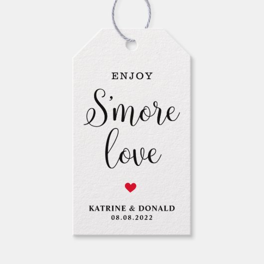 Moderne witte script S'more Love-huwelijksgunsttag Cadeaulabel (Voorkant)