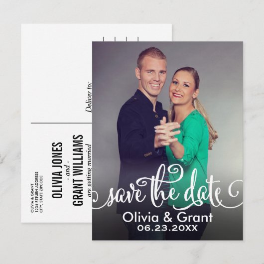 Moderne witte scriptfoto Save the Date Aankondigingskaart (Voorkant / Achterkant)