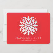 Moderne witte sneeuwvlok op rood feestdagenkaart (Voorkant)