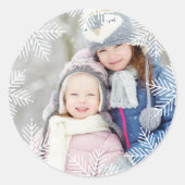Moderne witte sneeuwvlok rand vakantiefoto ronde sticker (Voorkant)