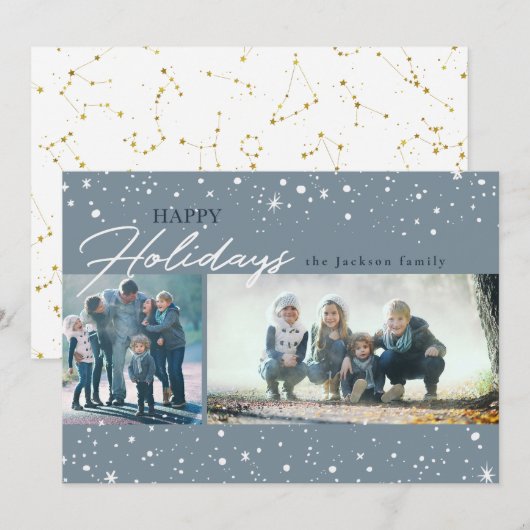 Moderne witte sterren en stippen op grijze feestda feestdagenkaart (Voorkant / Achterkant)