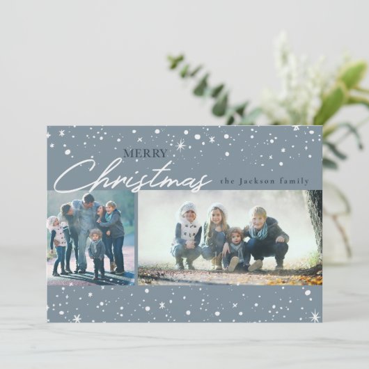 Moderne witte sterren op trendy grijze Kerstmis Feestdagenkaart (Staand voorkant)