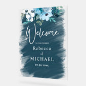 Moderne witte stoffige blauwe bloemen bruiloft wel acryl bord (Hoek)