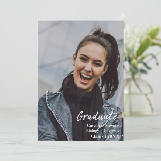 Moderne witte tekstbedekking | Foto Afstuderen Aankondiging (Staand voorkant)