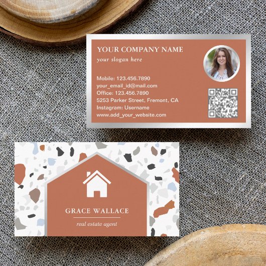 Moderne witte terrazzo real estate foto QR-code Visitekaartje