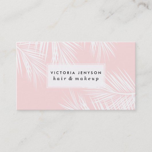Moderne witte tropische palmboom, stijlvol roze visitekaartje (Voorkant)