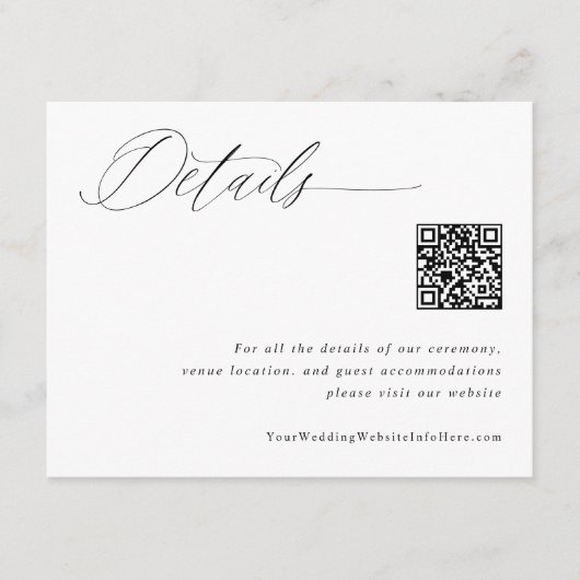 Moderne witte trouwdetails QR-code  Informatiekaartje (Voorkant)
