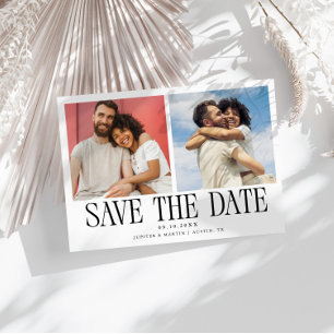 Moderne witte trouwkaart met 2 foto's save the date