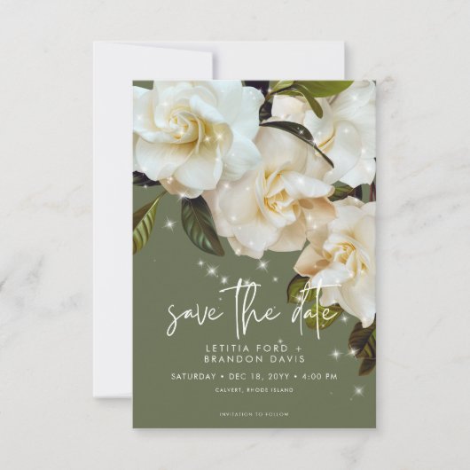 Moderne witte tuinen op Sage Sparkle bruiloft Save The Date (Voorkant)