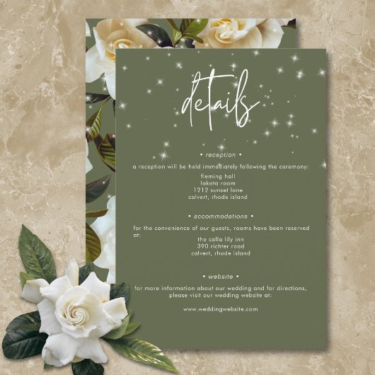 Moderne witte tuinen op Sage Sparkle Details Informatiekaartje