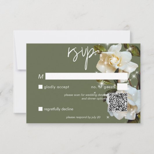 Moderne witte tuinen op Sage Sparkle QR Code RSVP Kaartje (Voorkant)