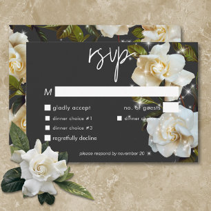Moderne witte tuinen op zwart sparkle diner RSVP kaartje