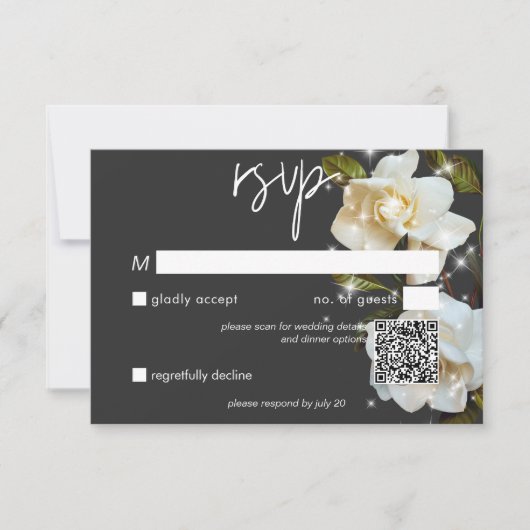 Moderne witte tuinen op zwarte sprankeling QR-code RSVP Kaartje (Voorkant)
