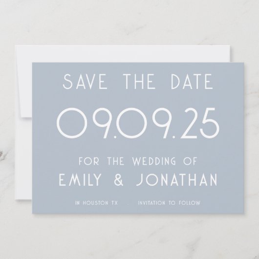 Moderne witte typografie Dusty Blue Wedding Save The Date (Voorkant)