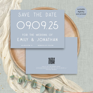Moderne witte typografie Dusty Blue Wedding Save The Date