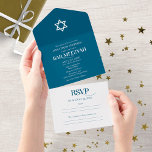 Moderne witte typografie op blauwe bar mitswa all in one uitnodiging<br><div class="desc">Een elegante donkerblauwe bar Mitzvah uitnodiging, gemakkelijk te personaliseren met uw gegevens. LET OP: Deze uitnodiging is klaar om te verzenden zonder envelop; vermeld het retouradres op de achterkant; als u van plan bent om het te verzenden met behulp van een envelop, laat dan de gegevens van het retouradres leeg...</div>