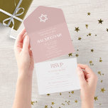 Moderne witte typografie op blauwe vleermuis mitsw all in one uitnodiging<br><div class="desc">Een elegante stoffige Pink Bat Mitzvah uitnodiging, gemakkelijk te personaliseren met uw gegevens. LET OP: Deze uitnodiging is klaar om te verzenden zonder envelop; vermeld het retouradres op de achterkant; als u van plan bent om het te verzenden met behulp van een envelop, laat dan de gegevens van het retouradres...</div>