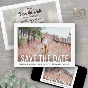 Moderne witte typografie overlay twee foto's bruil save the date