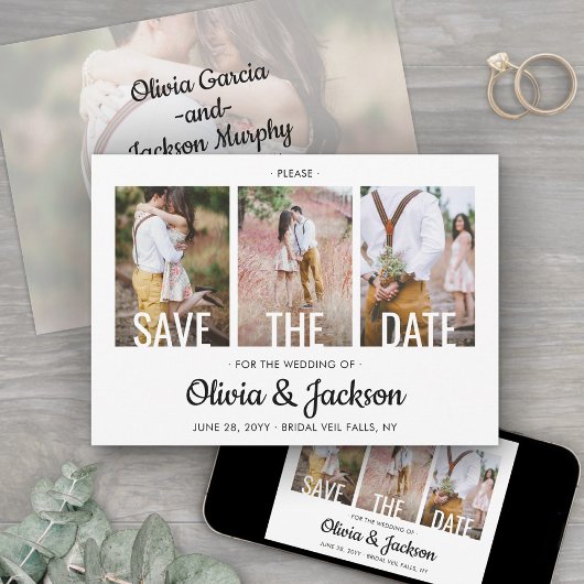 Moderne witte typografie overlay vier foto's bruil save the date