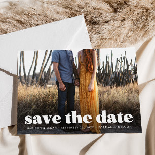 Moderne witte typografie-overlayfoto met vette let save the date