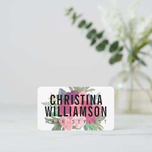 Moderne, witte vetgedrukte zwarte roze  floralen visitekaartje (Staand voorkant)