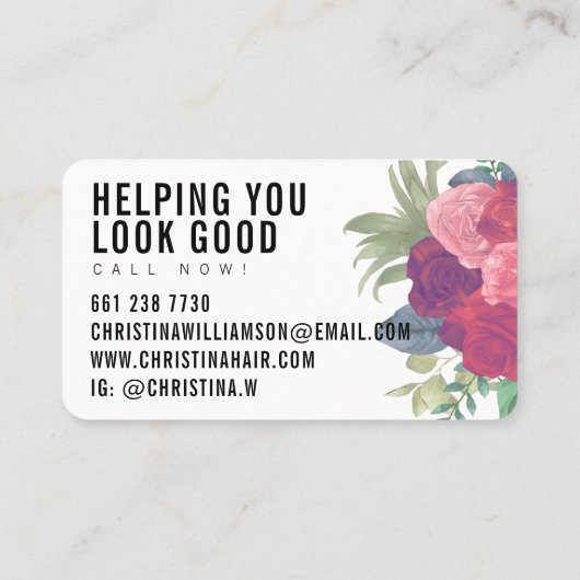 Moderne, witte vetgedrukte zwarte roze floralen visitekaartje (Achterkant)