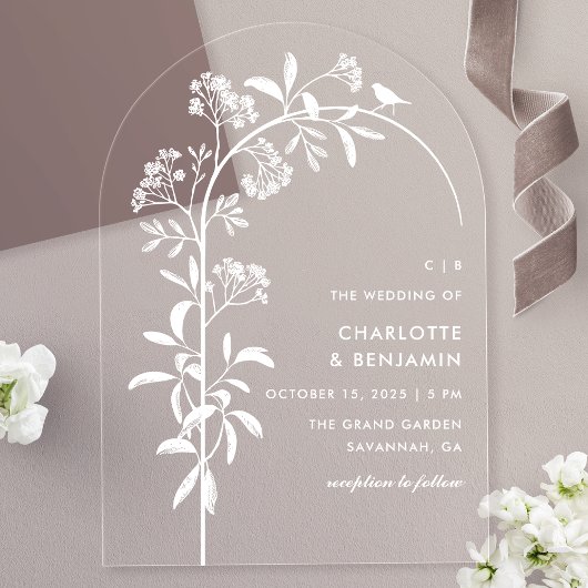 Moderne Witte Vogel Botanische Boog Huwelijk Acryl Uitnodigingen