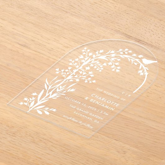 Moderne witte vogel en tak bruiloft acryl uitnodigingen (Laagn)