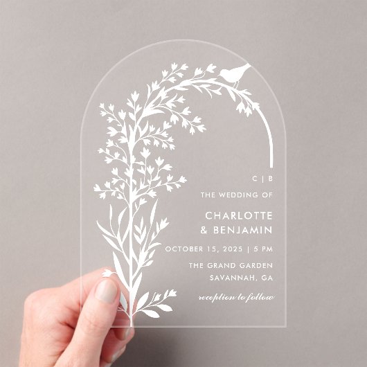 Moderne witte vogel en tak bruiloft acryl uitnodigingen (Insitu (Draagbaar))