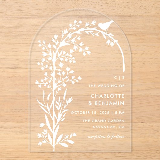 Moderne witte vogel en tak bruiloft acryl uitnodigingen (Voorkant)