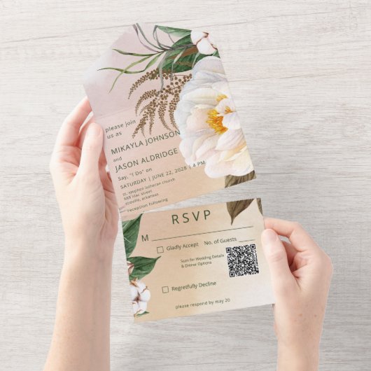 Moderne witte volken met bruine QR-code All In One Uitnodiging (Afscheurbaar)