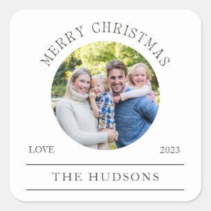 Moderne Witte Vrolijke Kerstmis Ronde Foto Vierkante Sticker