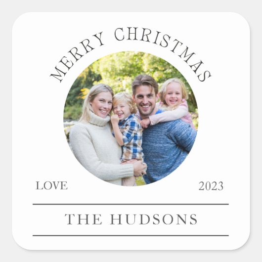 Moderne Witte Vrolijke Kerstmis Ronde Foto Vierkante Sticker (Voorkant)